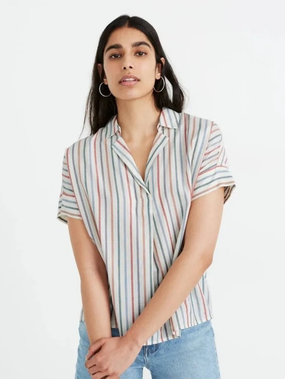 Madewell Central Popover Rainbow Stripe Top Size Large